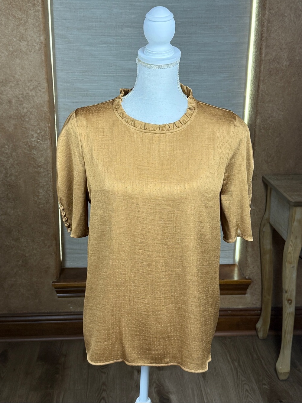 Calvin Klein Ruffle Neck Button Sleeve Plissé Blouse.